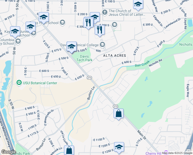 map of restaurants, bars, coffee shops, grocery stores, and more near 725 South Main Street in Kaysville