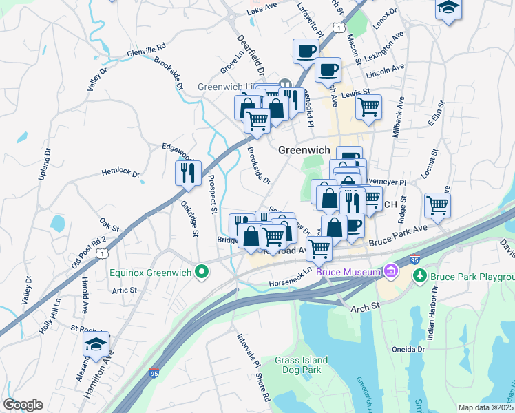 map of restaurants, bars, coffee shops, grocery stores, and more near 155 Field Point Road in Greenwich