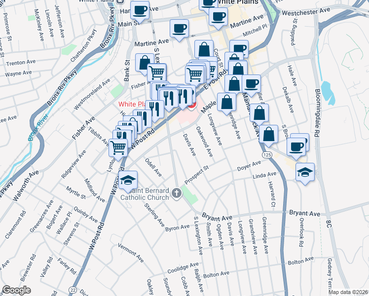 map of restaurants, bars, coffee shops, grocery stores, and more near 41 Davis Avenue in White Plains