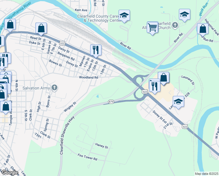 map of restaurants, bars, coffee shops, grocery stores, and more near Hill Street in Clearfield