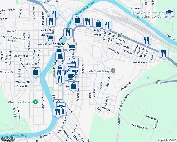 map of restaurants, bars, coffee shops, grocery stores, and more near 416 East Locust Street in Clearfield