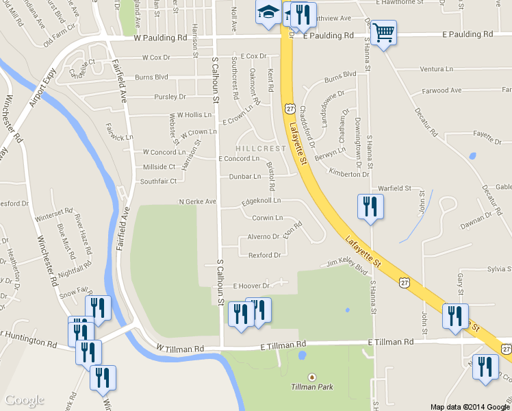 map of restaurants, bars, coffee shops, grocery stores, and more near 210 Edgeknoll Ln in Fort Wayne