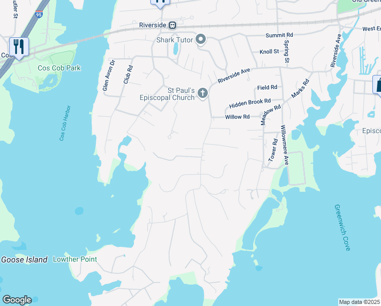 map of restaurants, bars, coffee shops, grocery stores, and more near 15 Leeward Lane in Greenwich