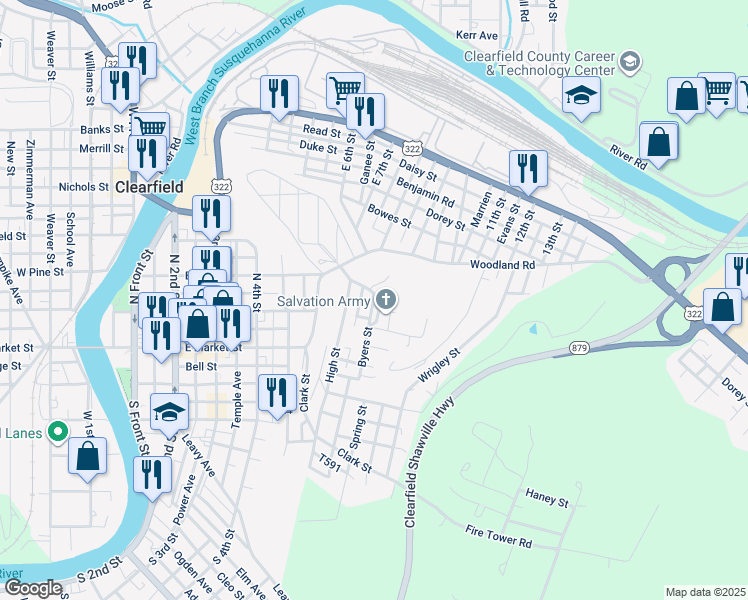 map of restaurants, bars, coffee shops, grocery stores, and more near Byers Street in Clearfield