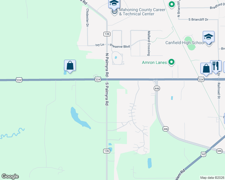 map of restaurants, bars, coffee shops, grocery stores, and more near 7346 South Palmyra Road in Canfield