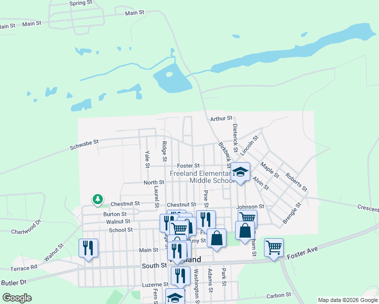 map of restaurants, bars, coffee shops, grocery stores, and more near 1136 Washington Street in Freeland