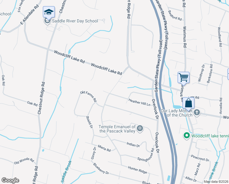 map of restaurants, bars, coffee shops, grocery stores, and more near 64 Heatherhill Lane in Woodcliff Lake