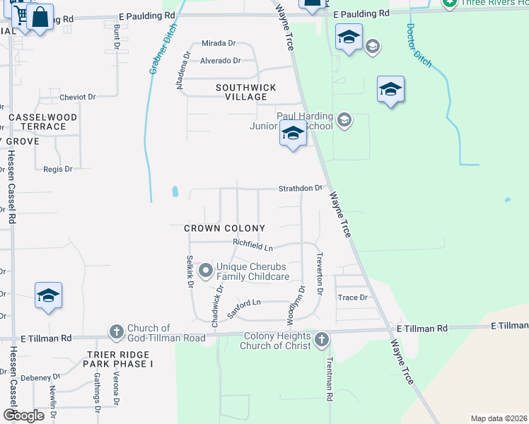 map of restaurants, bars, coffee shops, grocery stores, and more near 4520 Ardon Court in Fort Wayne