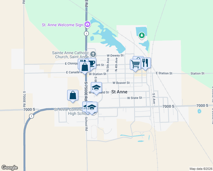 map of restaurants, bars, coffee shops, grocery stores, and more near 516 West Beaver Street in Saint Anne