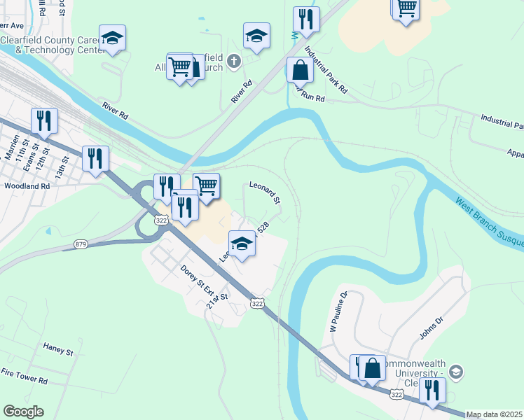 map of restaurants, bars, coffee shops, grocery stores, and more near 911 Leonard Street in Clearfield