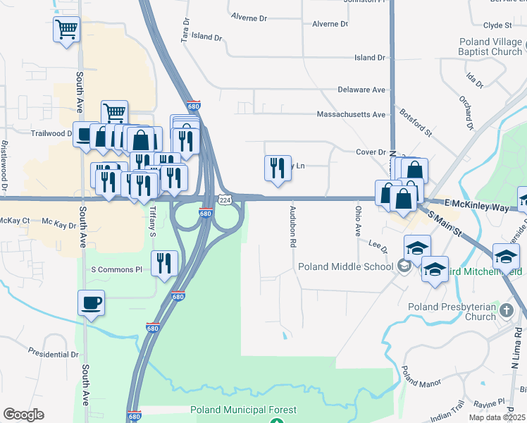 map of restaurants, bars, coffee shops, grocery stores, and more near 335 West McKinley Way in Poland