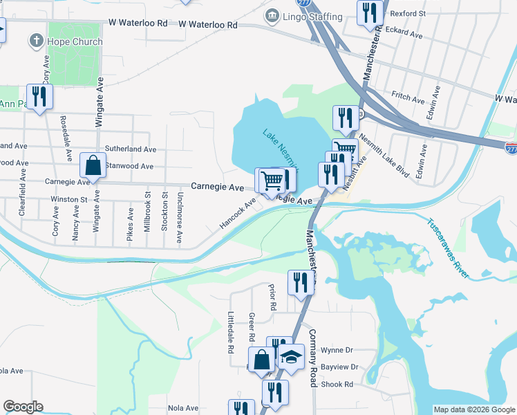 map of restaurants, bars, coffee shops, grocery stores, and more near 680 Hancock Avenue in Akron