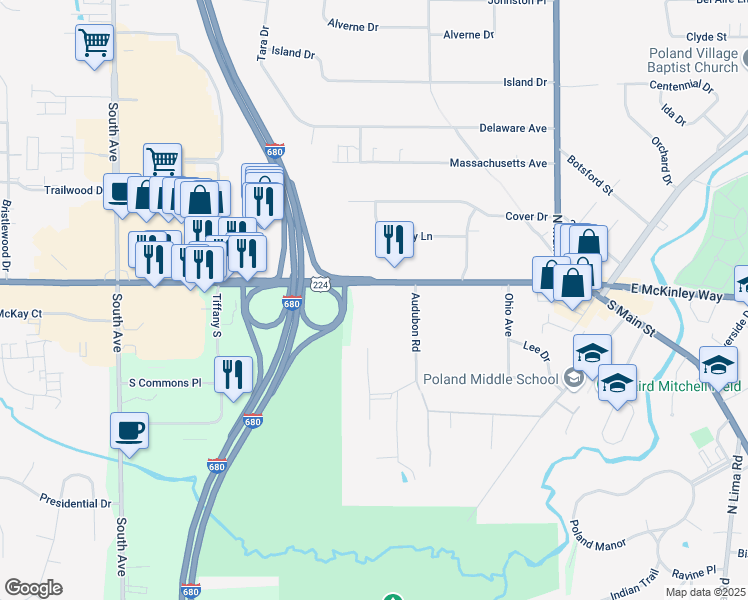map of restaurants, bars, coffee shops, grocery stores, and more near 335 West McKinley Way in Poland