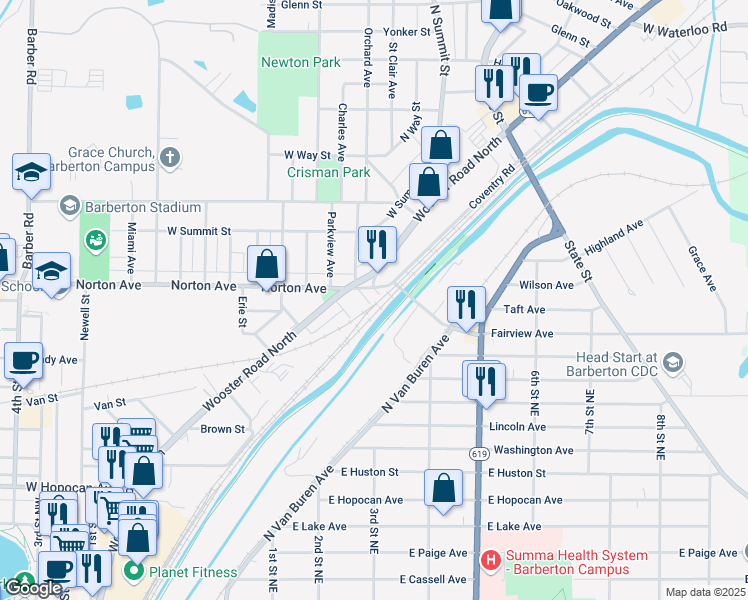 map of restaurants, bars, coffee shops, grocery stores, and more near 111 Gum Street in Barberton