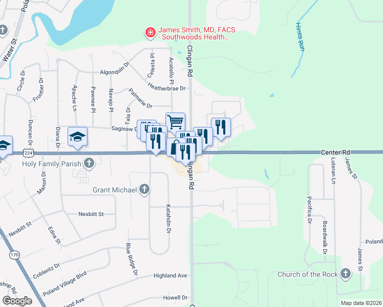 map of restaurants, bars, coffee shops, grocery stores, and more near Clingan Road in Youngstown