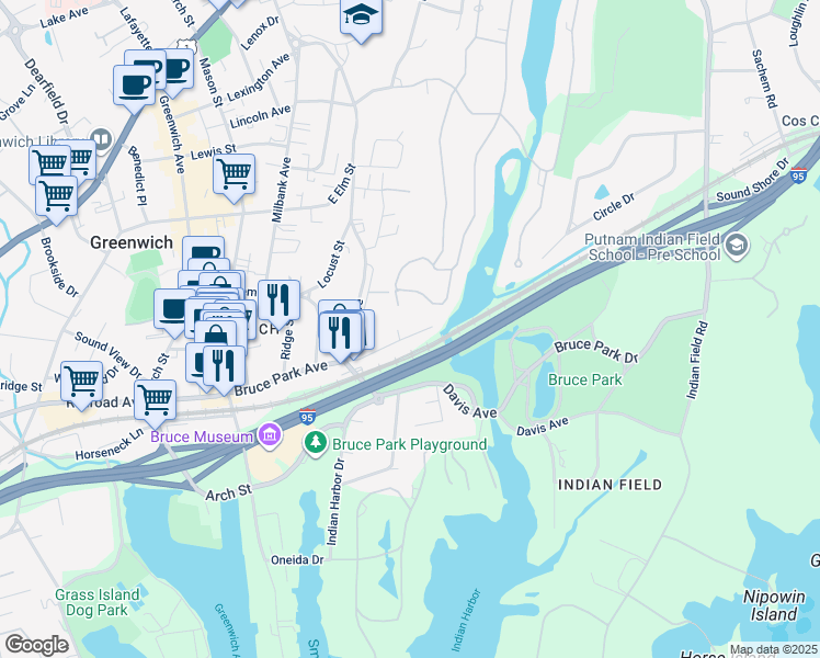 map of restaurants, bars, coffee shops, grocery stores, and more near 290 Bruce Park Avenue in Greenwich