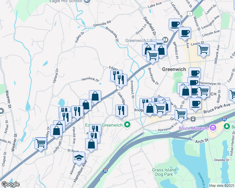 map of restaurants, bars, coffee shops, grocery stores, and more near in Greenwich