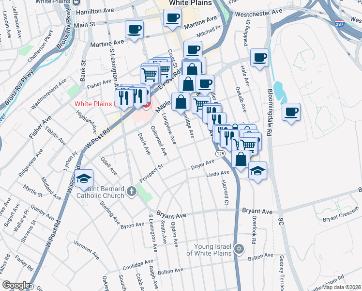 map of restaurants, bars, coffee shops, grocery stores, and more near 7 Livingston Avenue in White Plains