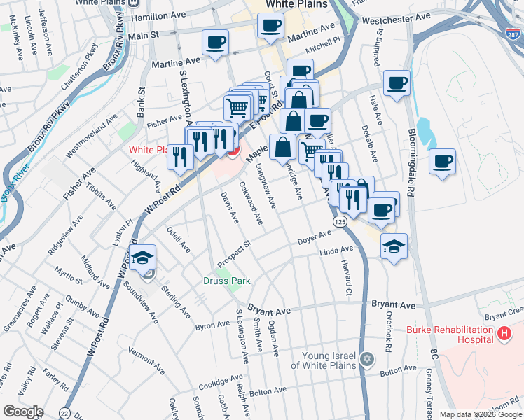 map of restaurants, bars, coffee shops, grocery stores, and more near 29 Oakwood Avenue in White Plains