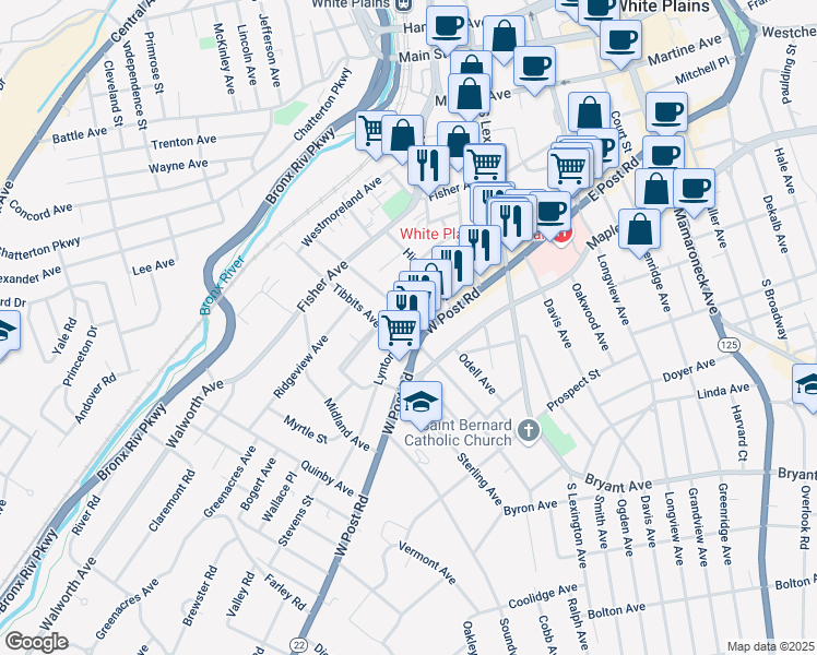 map of restaurants, bars, coffee shops, grocery stores, and more near in White Plains