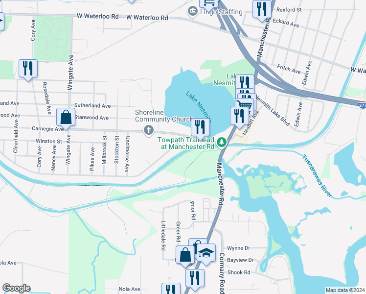 map of restaurants, bars, coffee shops, grocery stores, and more near 680 Hancock Avenue in Akron