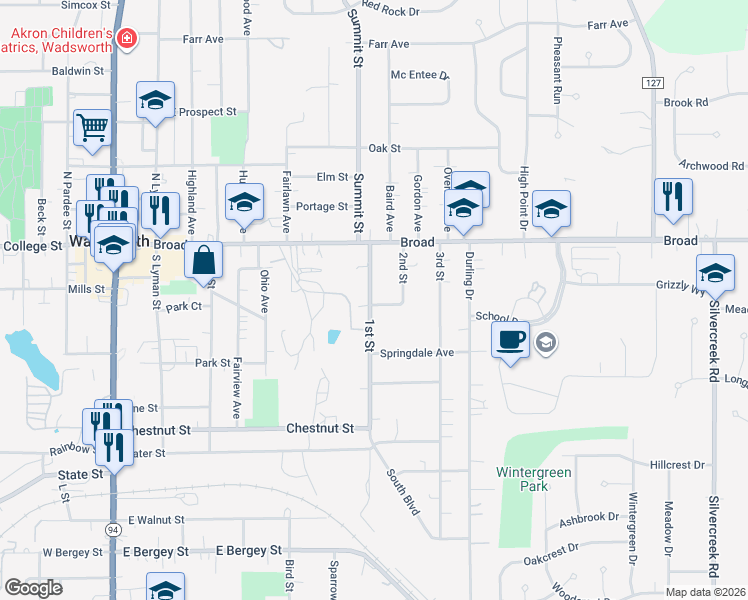 map of restaurants, bars, coffee shops, grocery stores, and more near 455 Wood Street in Wadsworth