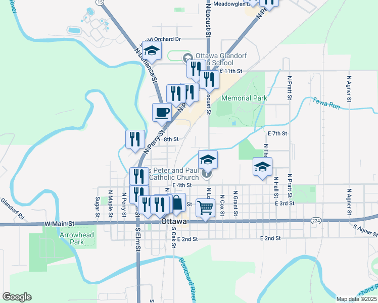 map of restaurants, bars, coffee shops, grocery stores, and more near 136 East 7th Street in Ottawa