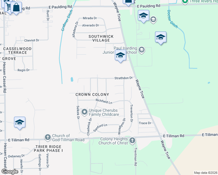 map of restaurants, bars, coffee shops, grocery stores, and more near 4520 Ardon Court in Fort Wayne