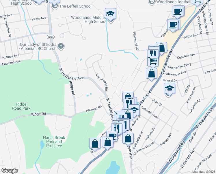 map of restaurants, bars, coffee shops, grocery stores, and more near 8 Beechwood Road in Hartsdale