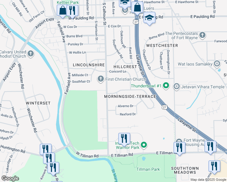map of restaurants, bars, coffee shops, grocery stores, and more near 123 Edgeknoll Lane in Fort Wayne