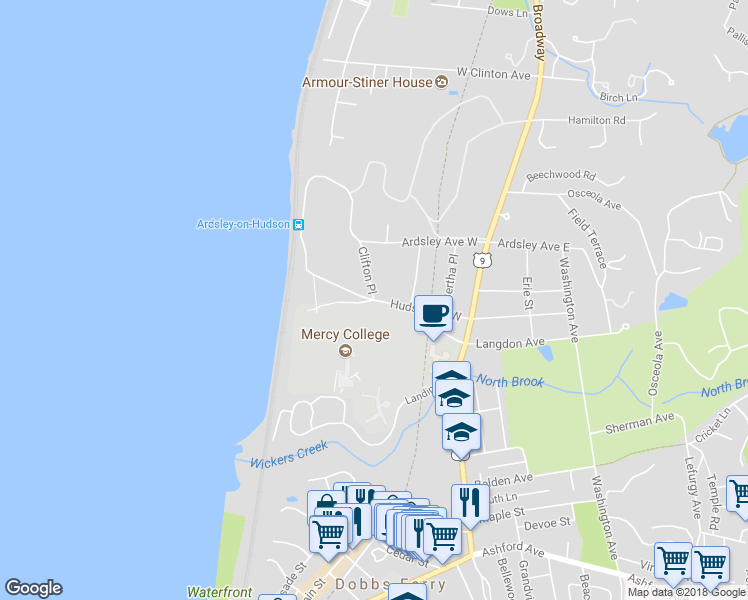map of restaurants, bars, coffee shops, grocery stores, and more near Hudson Rd W & Clifton Pl in Irvington
