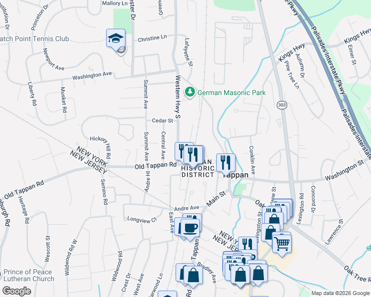 map of restaurants, bars, coffee shops, grocery stores, and more near 19 Grand Avenue in Tappan