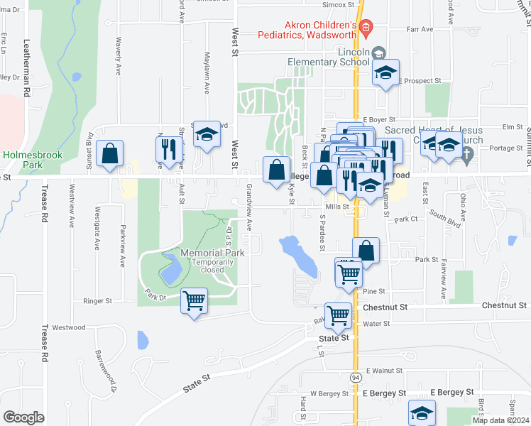 map of restaurants, bars, coffee shops, grocery stores, and more near 245 Mills Street in Wadsworth