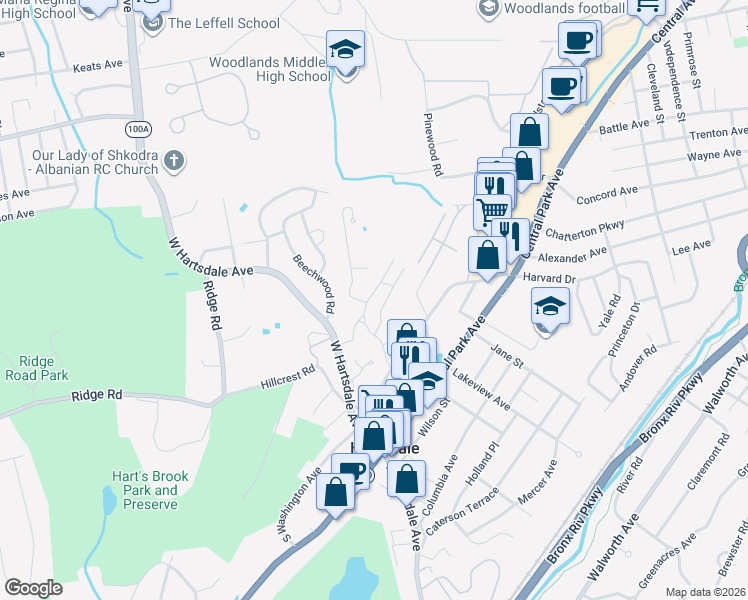 map of restaurants, bars, coffee shops, grocery stores, and more near 60 Pinewood Road in Hartsdale