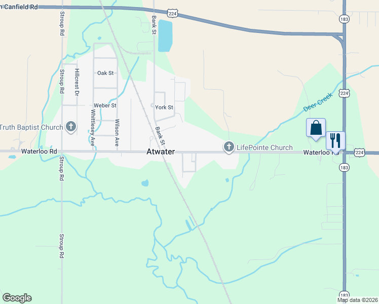 map of restaurants, bars, coffee shops, grocery stores, and more near 6420 Waterloo Road in Atwater