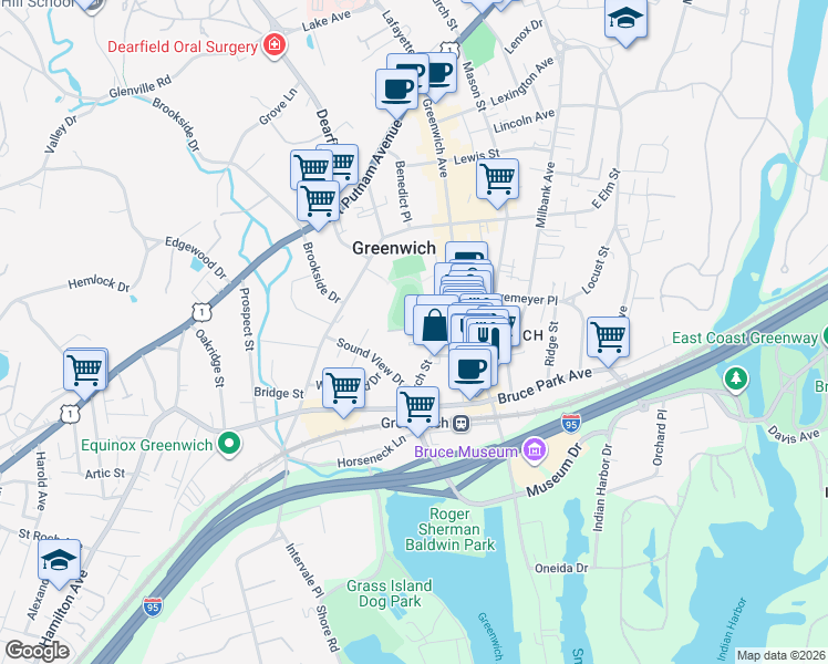 map of restaurants, bars, coffee shops, grocery stores, and more near 6 Bolling Place in Greenwich