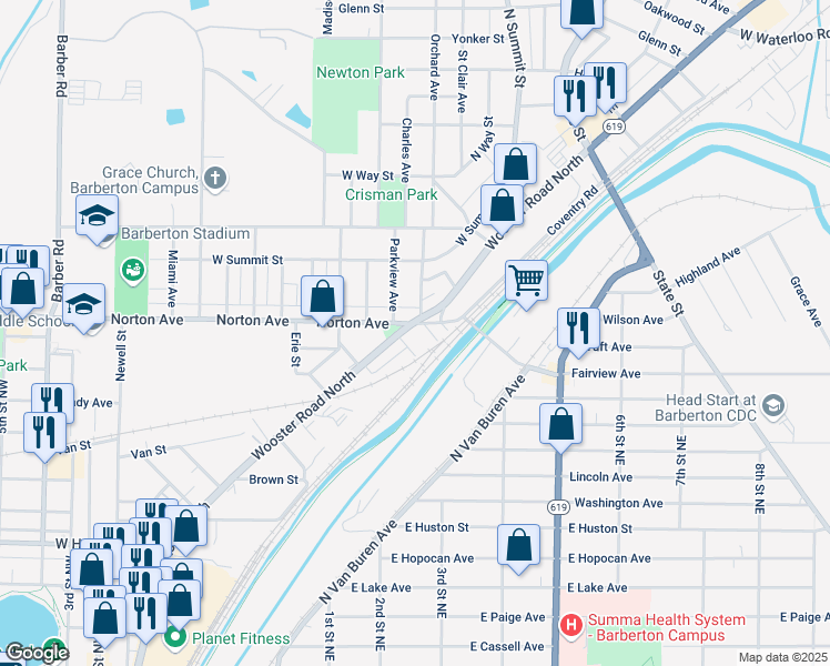 map of restaurants, bars, coffee shops, grocery stores, and more near in Barberton