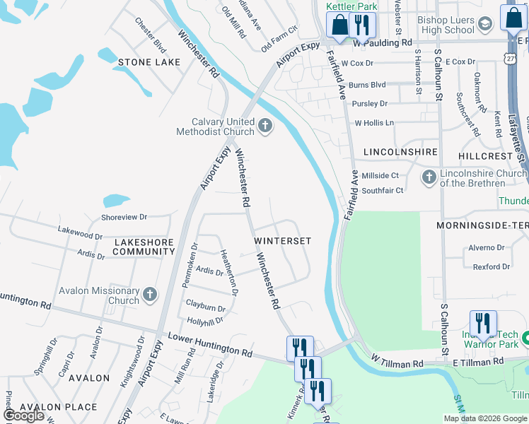 map of restaurants, bars, coffee shops, grocery stores, and more near 6731 Winchester Road in Fort Wayne