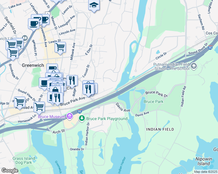 map of restaurants, bars, coffee shops, grocery stores, and more near 290 Bruce Park Avenue in Greenwich