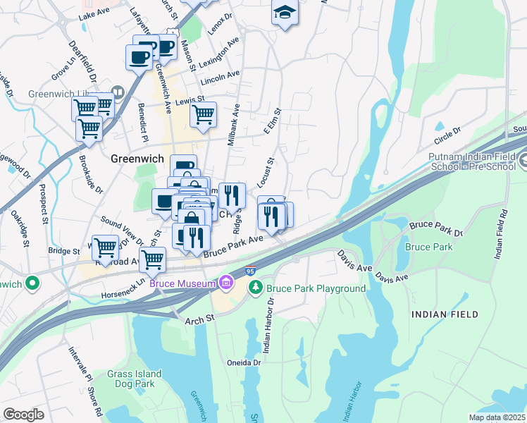 map of restaurants, bars, coffee shops, grocery stores, and more near 288 Davis Avenue in Greenwich