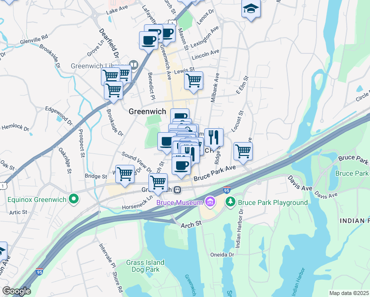 map of restaurants, bars, coffee shops, grocery stores, and more near 359 Greenwich Avenue in Greenwich