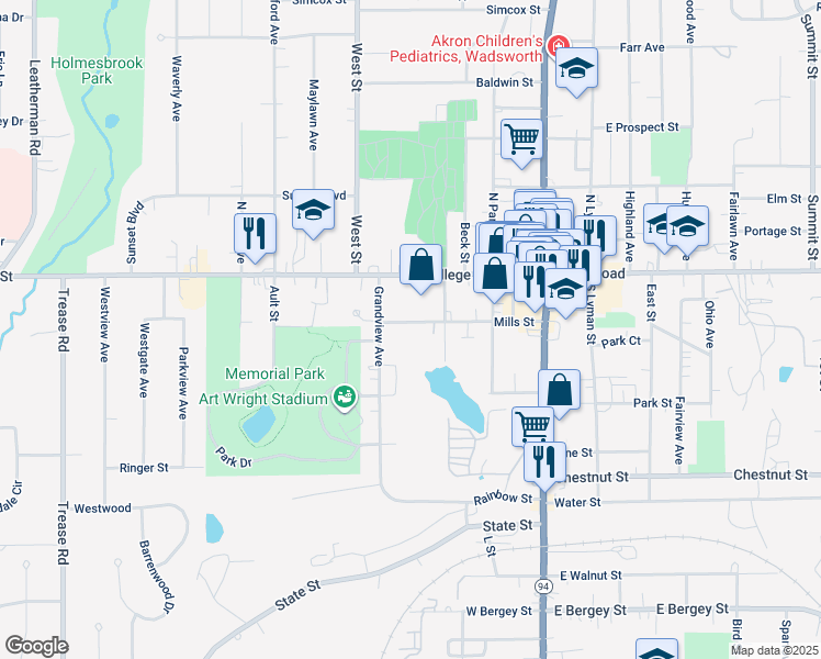 map of restaurants, bars, coffee shops, grocery stores, and more near 245 Mills Street in Wadsworth