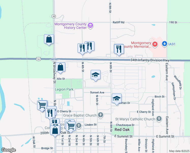 map of restaurants, bars, coffee shops, grocery stores, and more near 2011 North 8th Street in Red Oak