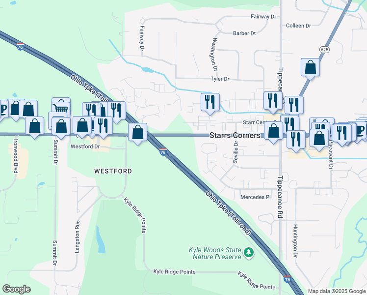 map of restaurants, bars, coffee shops, grocery stores, and more near 3967 Boardman-Canfield Road in Canfield