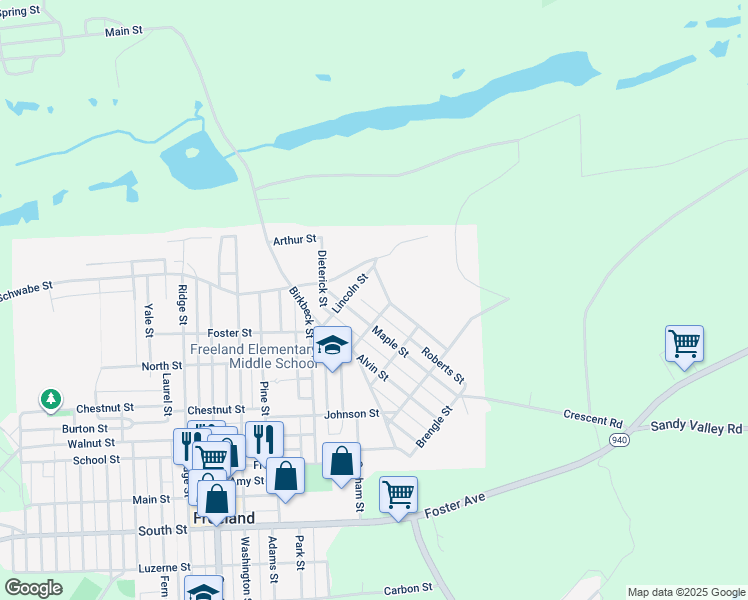map of restaurants, bars, coffee shops, grocery stores, and more near 415 Maple Street in Freeland
