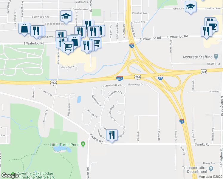 map of restaurants, bars, coffee shops, grocery stores, and more near 553 Hastings Court in Akron