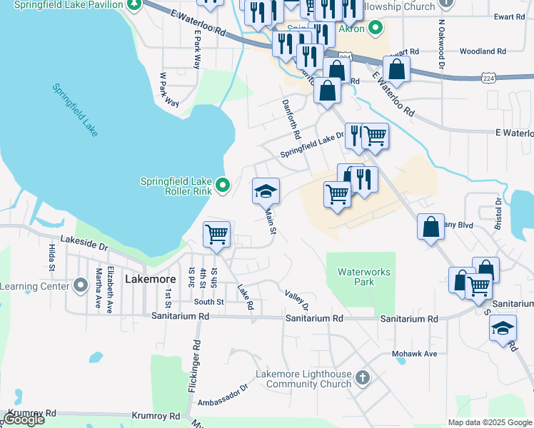 map of restaurants, bars, coffee shops, grocery stores, and more near in Lakemore