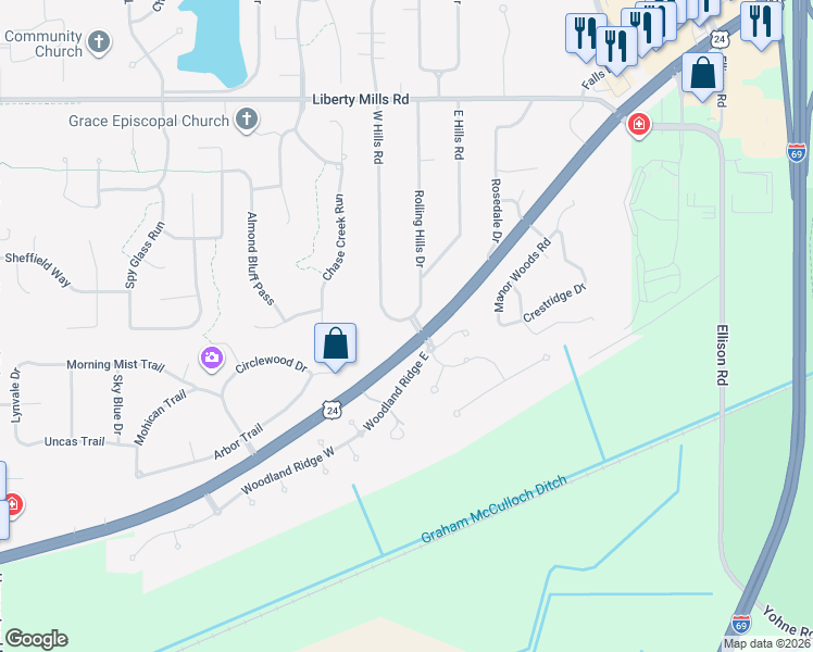 map of restaurants, bars, coffee shops, grocery stores, and more near 9600 West Jefferson Boulevard in Fort Wayne