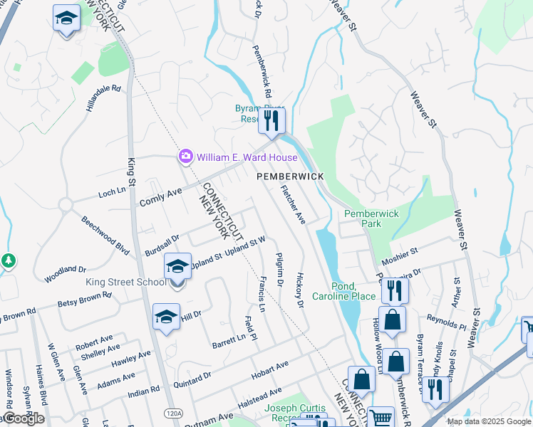 map of restaurants, bars, coffee shops, grocery stores, and more near 109 Pilgrim Drive in Greenwich