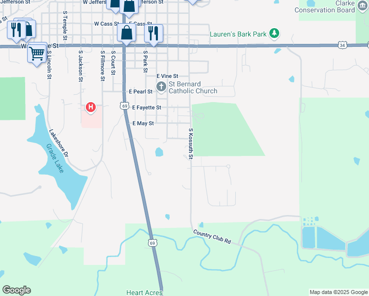 map of restaurants, bars, coffee shops, grocery stores, and more near 1028 South Kossuth Street in Osceola